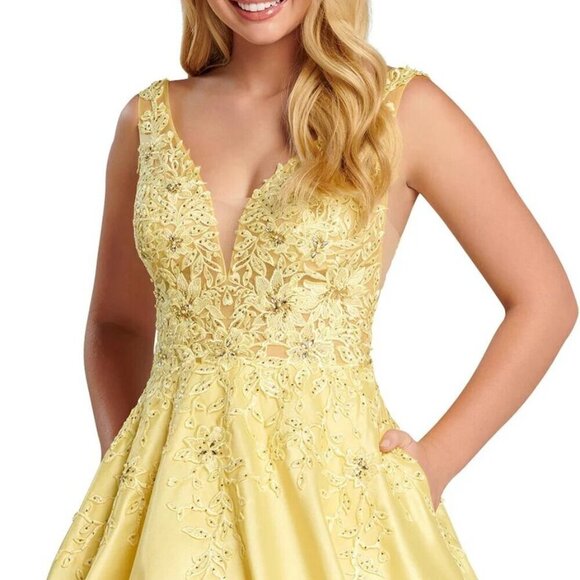 **Prom** Ellie Wilde Bedazzled Deep V-neck Satin A-line Gown - Picture 2 of 8